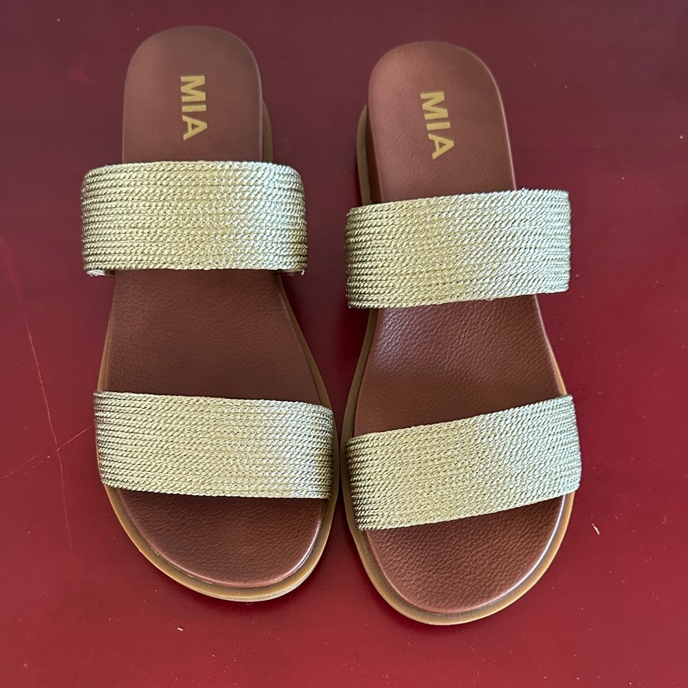 MIA Metallic Gold Double-Strap Brown Footbed Slide Sandals